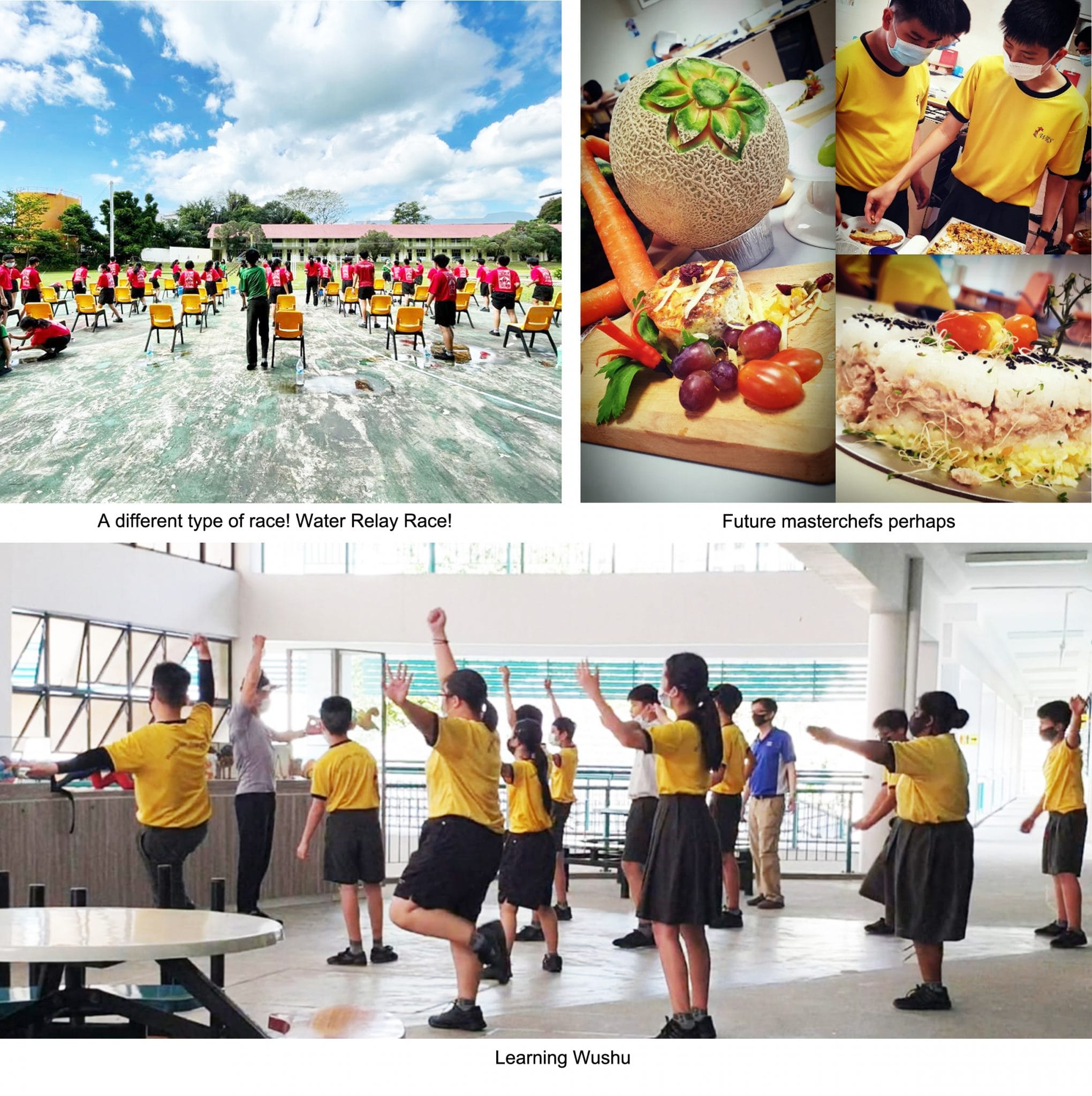 Students in yellow shirts doing a water relay race, cooking food, and learning Wushu martial arts poses indoors.